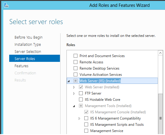 Add Roles and Features Wizard - Select IIS and IIS Management Console.