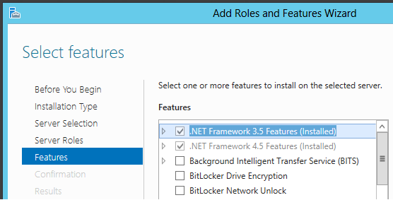 Add Roles and Features Wizard - Select .NET Framework 3.5 Features