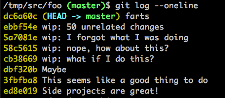 example git log filled with inane wip commit messages