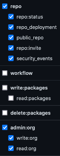 screenshot of the personal access token permissions with repo and admin:org checked