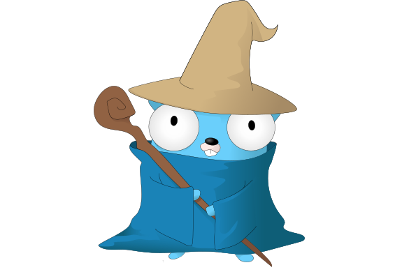 Gopher in a wizard hat and robe, with a staff. The mage logo.