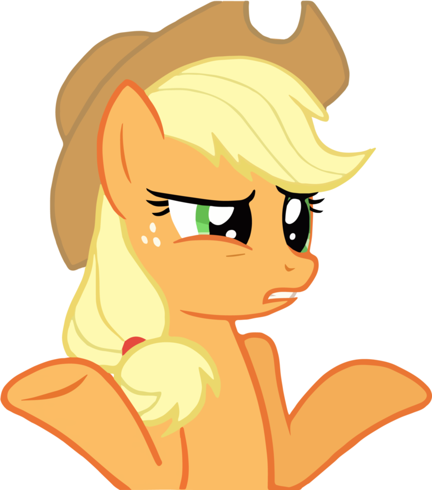 Applejack, an orange my little pony with a cowboy hat, with her arms splayed looking confused