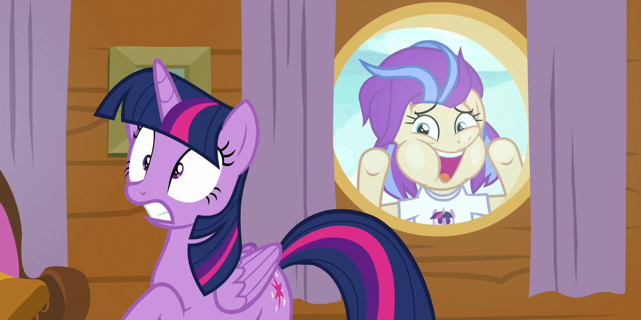 Twilight Sparkle, a purple cartoon unicorn, looks suprised because another pony fan, in a Twilight Sparkle t-shirt, is standing outside her room, with their face pressed up against the window with their arms raised, banging on the window to be let in.
